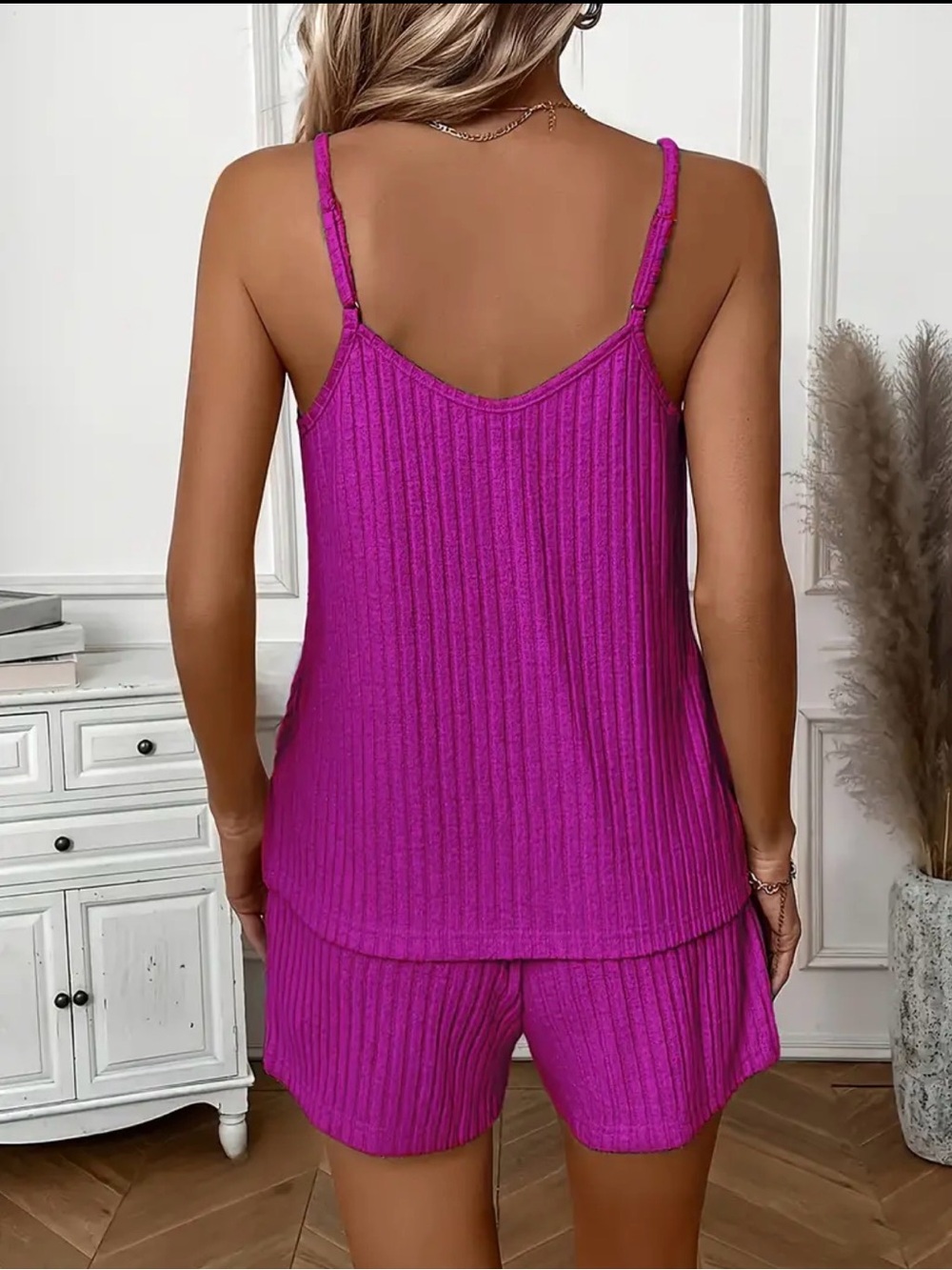 Ribbed V-Neck Cami & Shorts Set - Bright Magenta - Picture 2 of 3